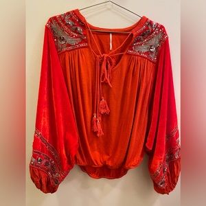 Free People Red and Orange Embroidered Top